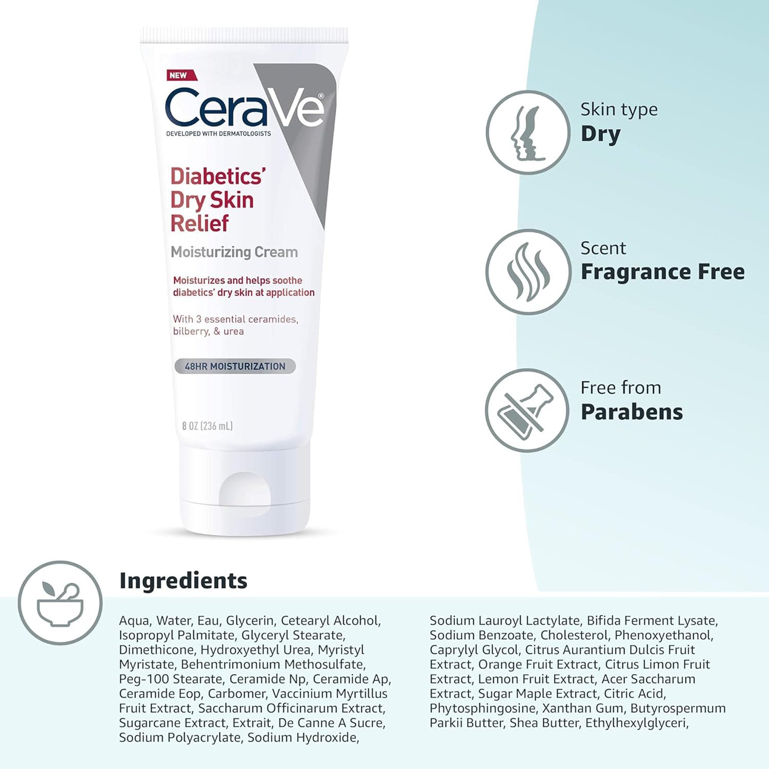 Hand and Body Moisturizer CeraVe® Diabetics' Dry Skin Relief 8 oz. Tube Unscented Cream - BeHope
