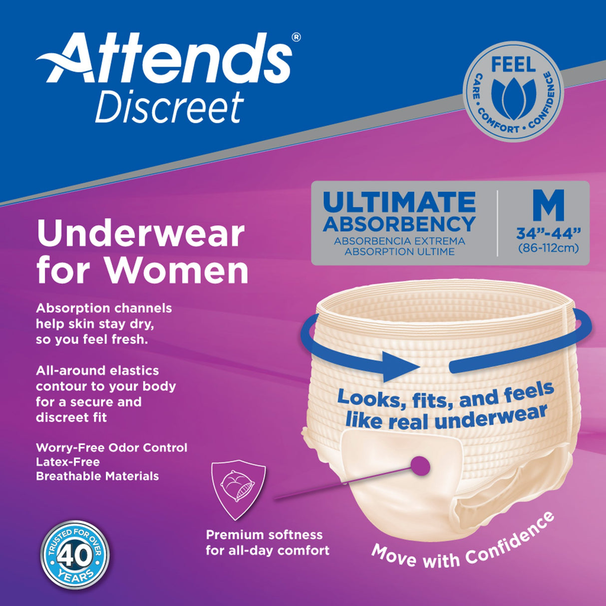 Female Adult Absorbent Underwear Attends® Discreet Pull On with Tear Away Seams Medium Disposable Heavy Absorbency - BeHope