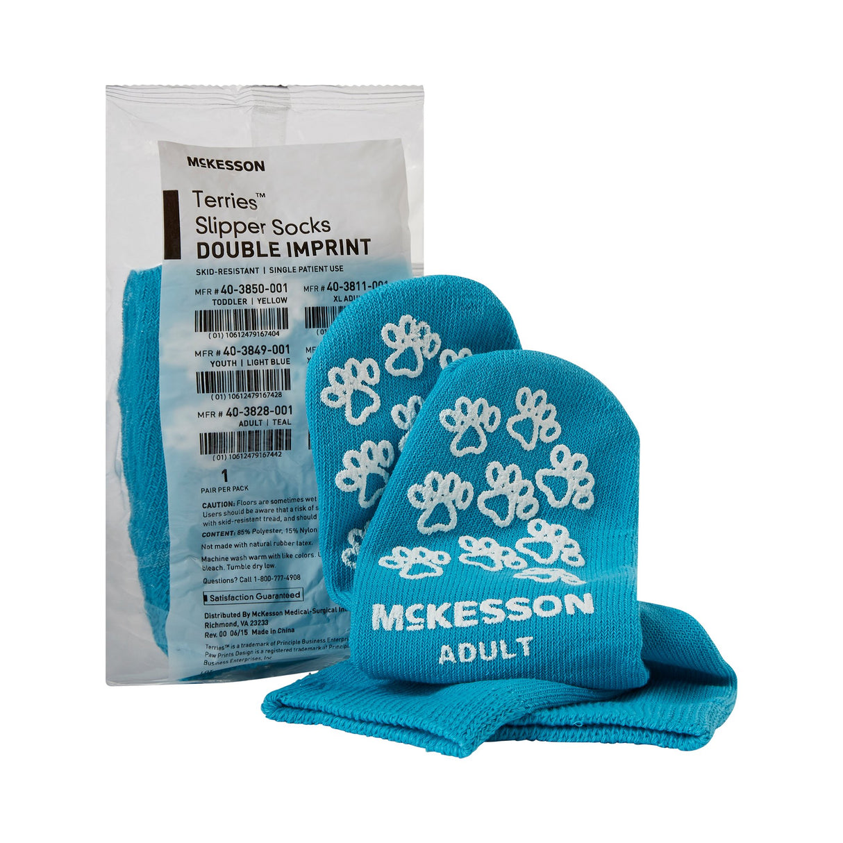 Slipper Socks McKesson Terries™ Unisex Adult One Size Fits Most Double Tread Single Patient Use Teal - BeHope