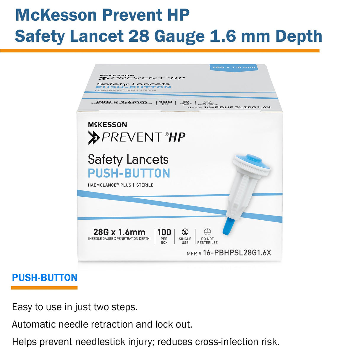 Safety Lancet McKesson Prevent® HP 28 Gauge Retractable Push Button Activation Finger - BeHope