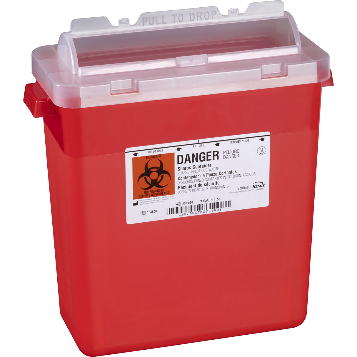 Sharps Container Bemis™ Sentinel Translucent Red Base 15 H X 13-7/8 L X 6-7/8 W Inch Horizontal Entry 3 Gallon - BeHope