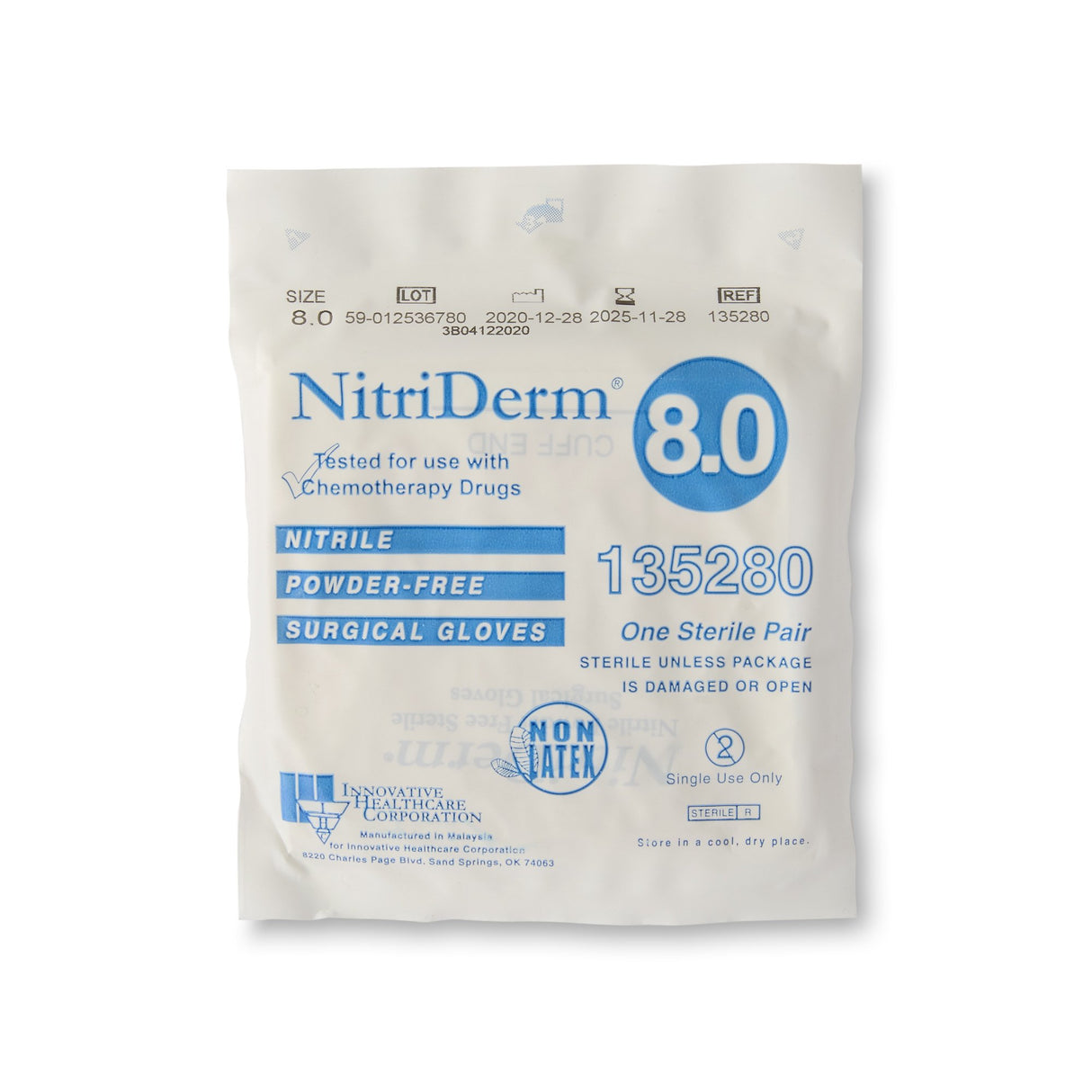 Surgical Glove NitriDerm® Size 8 Sterile Nitrile Standard Cuff Length Fully Textured White Chemo Tested - BeHope