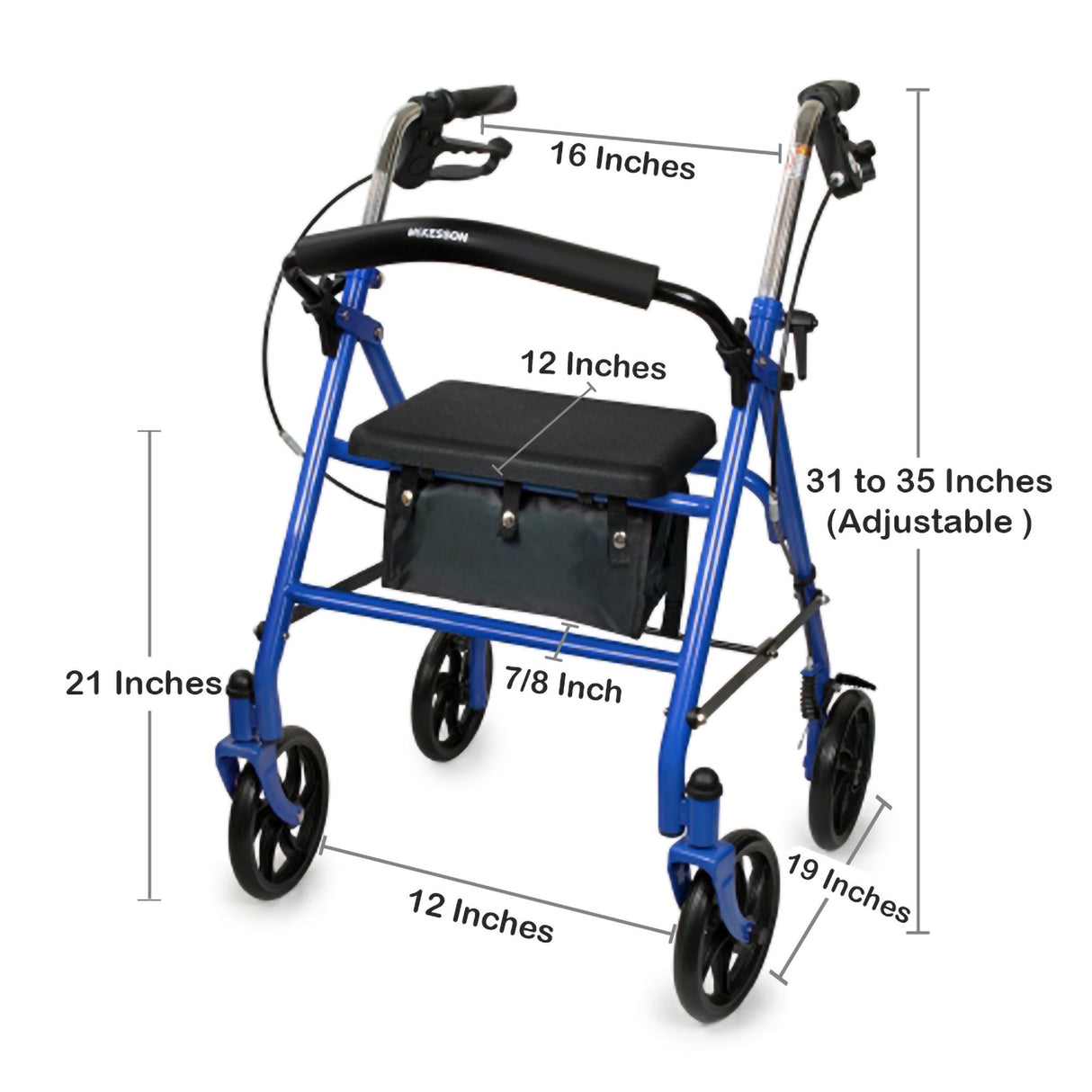 4 Wheel Rollator McKesson Blue Adjustable Height / Folding Steel Frame - BeHope
