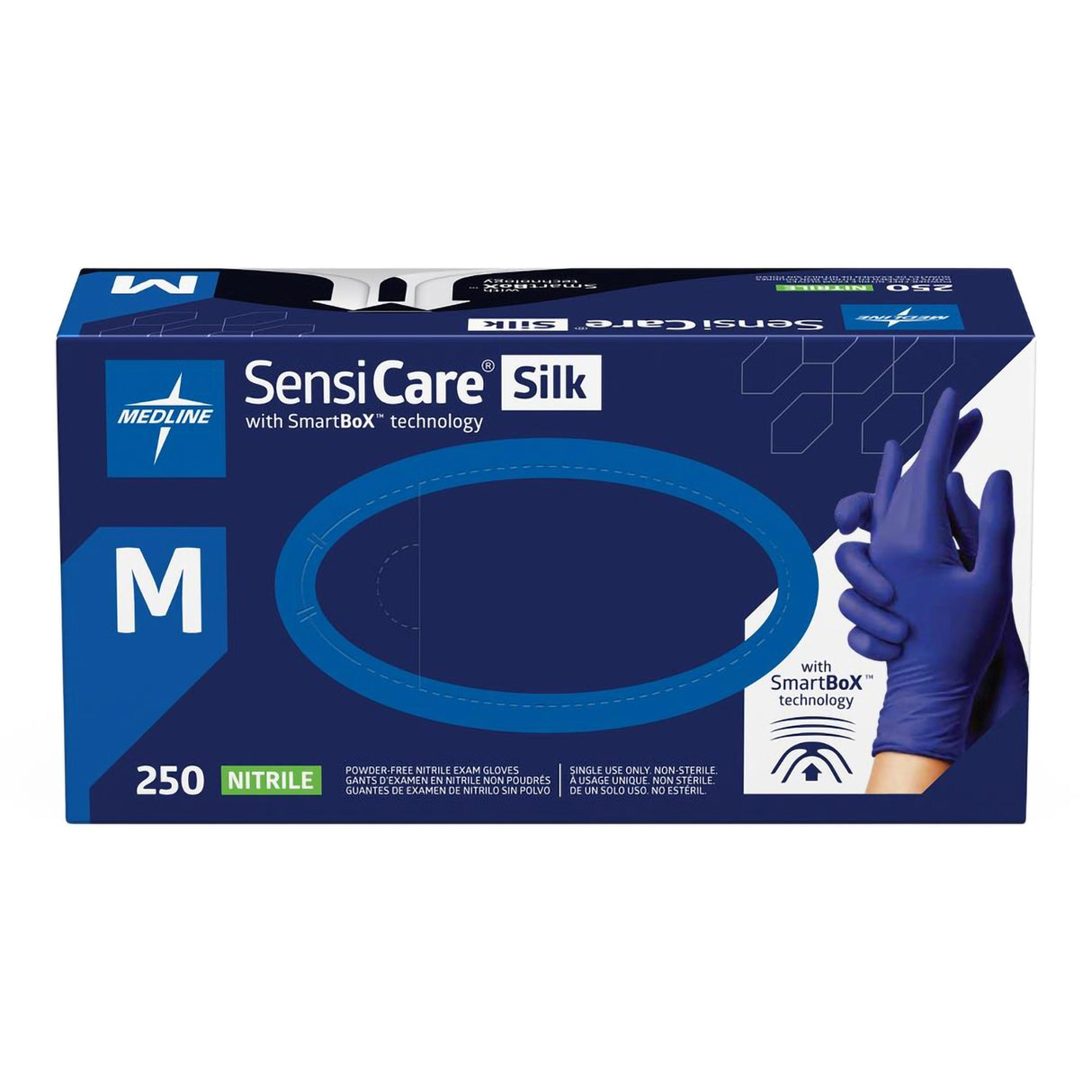 Exam Glove SensiCare® Silk Medium NonSterile Nitrile Standard Cuff Length Textured Fingertips Dark Blue Chemo Tested - BeHope