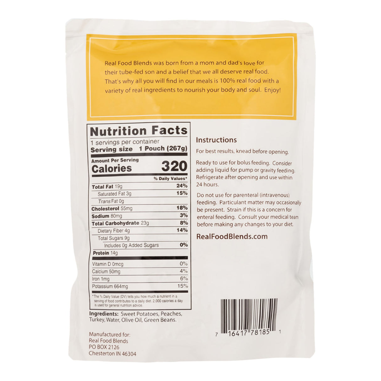 Tube Feeding Formula Real Food Blends® Turkey / Sweet Potatoes / Peaches Flavor Liquid 9.4 oz. Pouch - BeHope