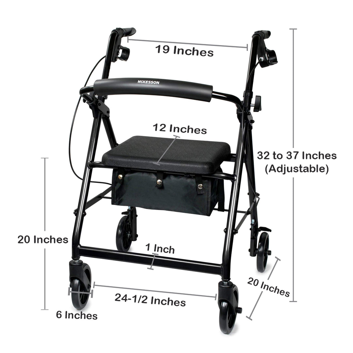 4 Wheel Rollator McKesson Black Adjustable Height / Folding Aluminum Frame - BeHope