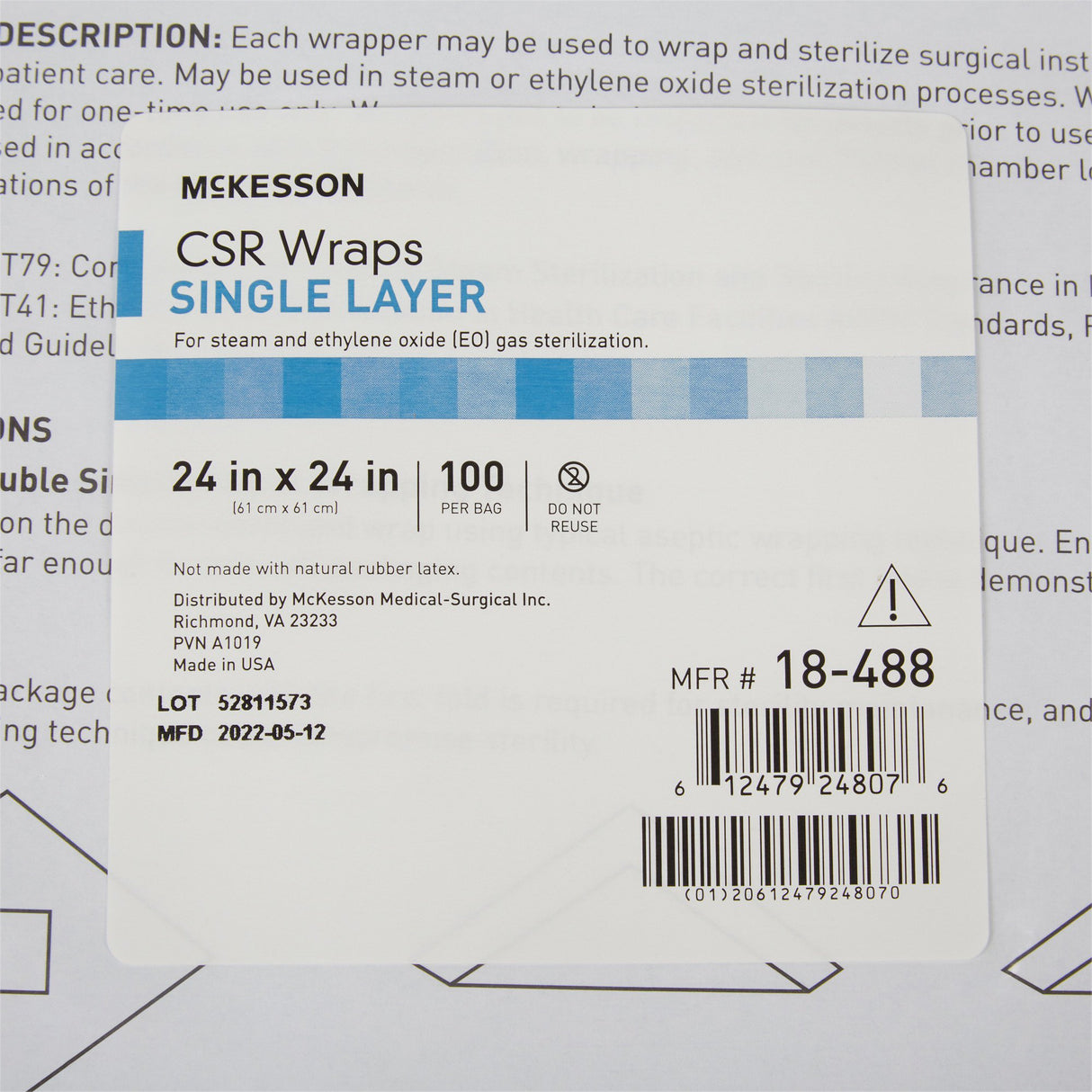 McKesson Sterilization Wrap Blue 24 X 24 Inch Single Layer Cellulose Steam / EO Gas - BeHope