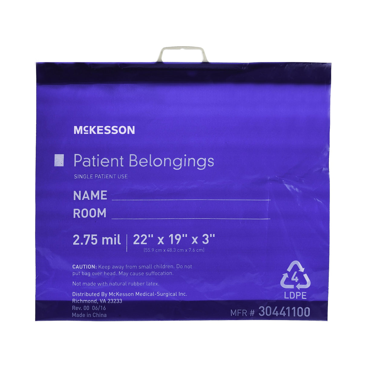 Patient Belongings Bag McKesson 3 X 19 X 22 Inch Polyethylene Snap Closure Blue - BeHope
