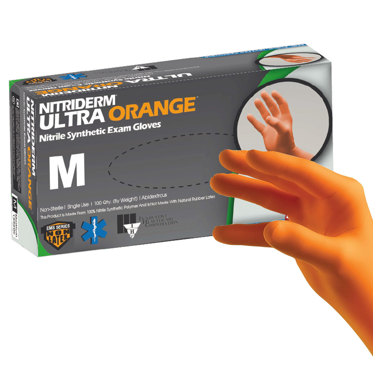 Exam Glove NitriDerm® Ultra Orange™ Medium NonSterile Nitrile Standard Cuff Length Fully Textured Orange Chemo Tested / Fentanyl Tested - BeHope