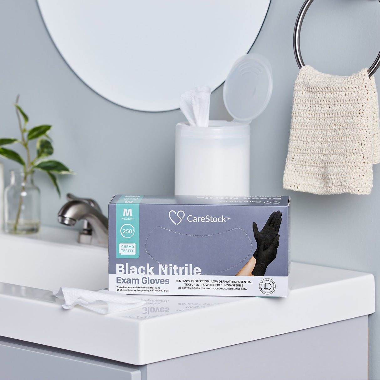 Exam Glove CareStock™ Medium NonSterile Nitrile Standard Cuff Length Fully Textured Black Not Rated - BeHope