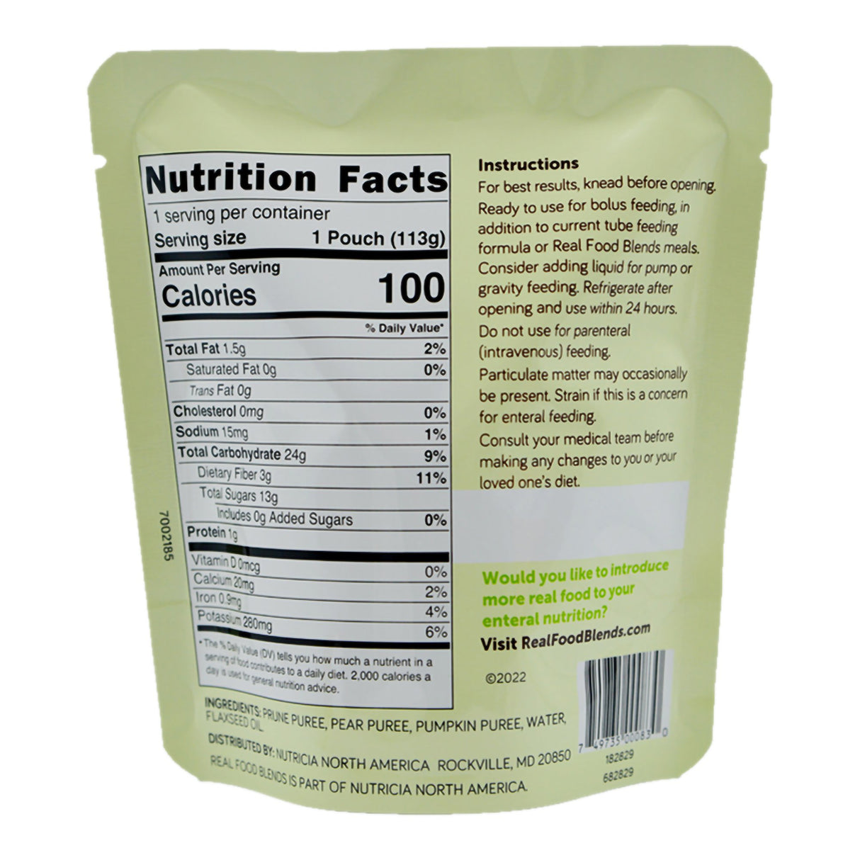 Tube Feeding Formula Real Food Blends® Mini Prunes / Pears / Pumpkin Flavor Liquid 4 oz. Pouch - BeHope