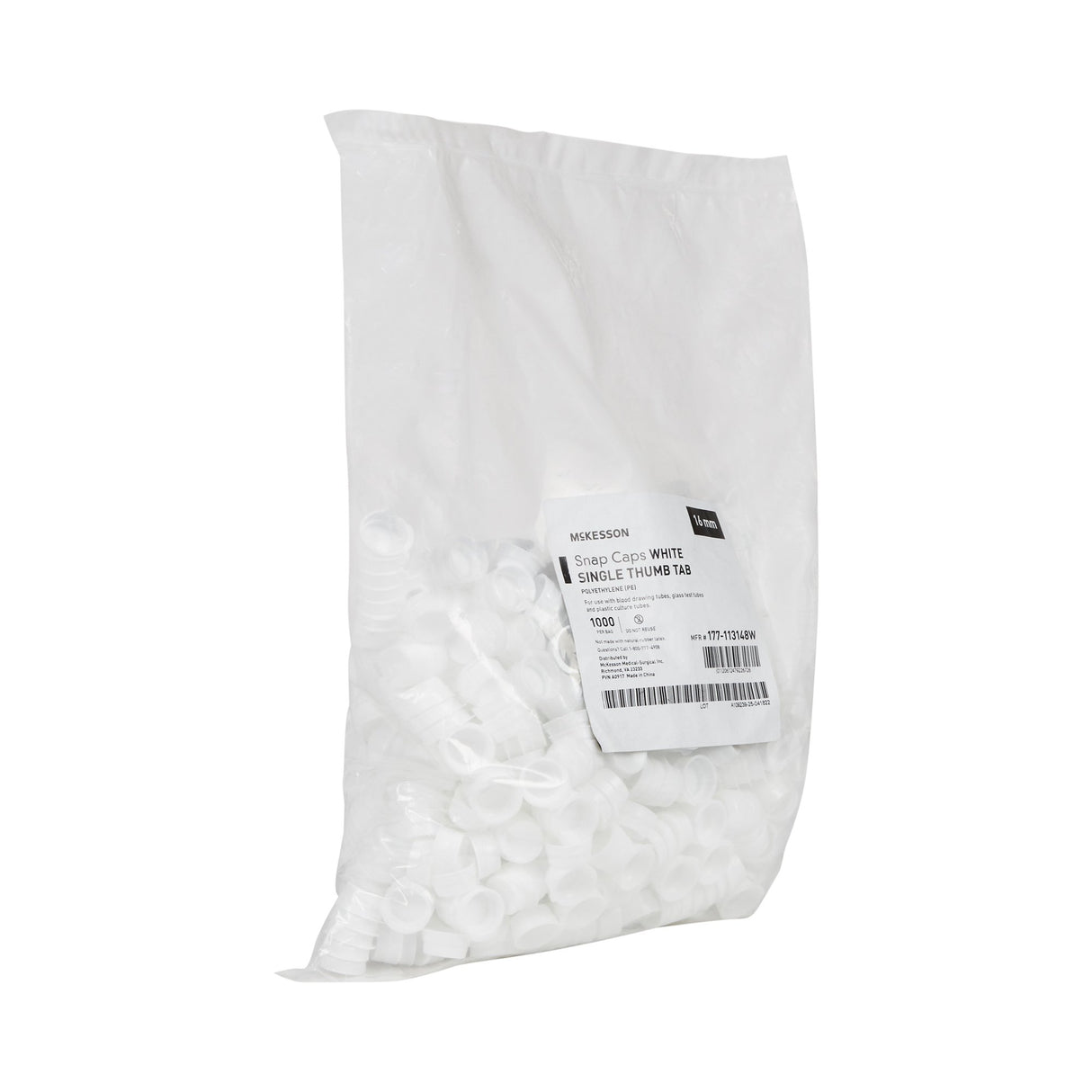 McKesson Tube Closure Polyethylene Snap Cap White 16 mm For Use with 16 mm Blood Drawing Tubes, Glass Test Tubes, Plastic Culture Tubes NonSterile - BeHope