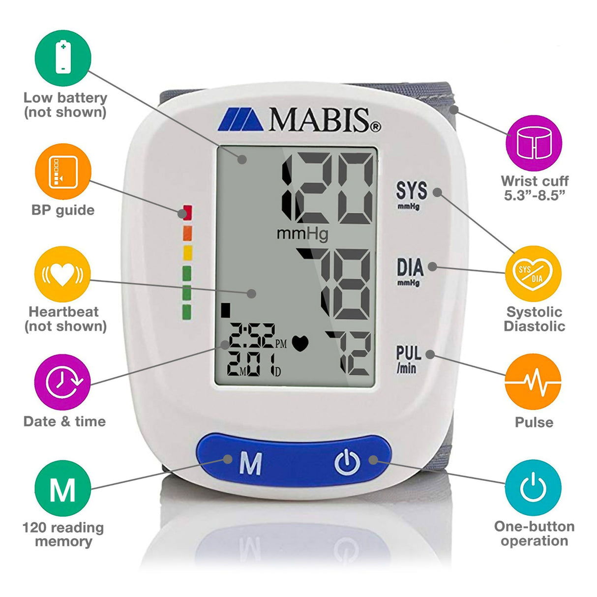 Digital Blood Pressure Monitor MABIS® Adult Cuff Cloth Fabric Cuff 5.3 to 8.5 inches Mobile - BeHope