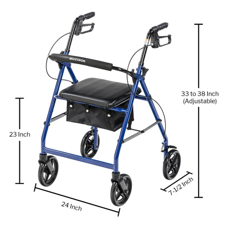 4 Wheel Rollator McKesson Blue Adjustable Height Aluminum Frame - BeHope
