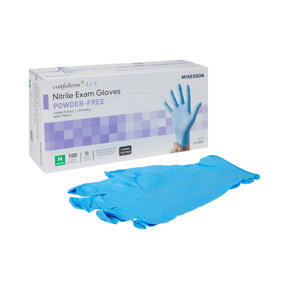 Exam Glove McKesson Confiderm® 4.5C Medium NonSterile Nitrile Standard Cuff Length Textured Fingertips Blue Chemo Tested - BeHope