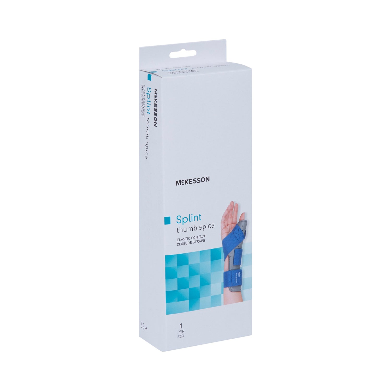 Wrist Splint with Thumb Spica McKesson Thumb Spica Nylon / Cotton-Terry / Foam / Elastic / Spandex Left Hand Blue / Gray Small / Medium - BeHope