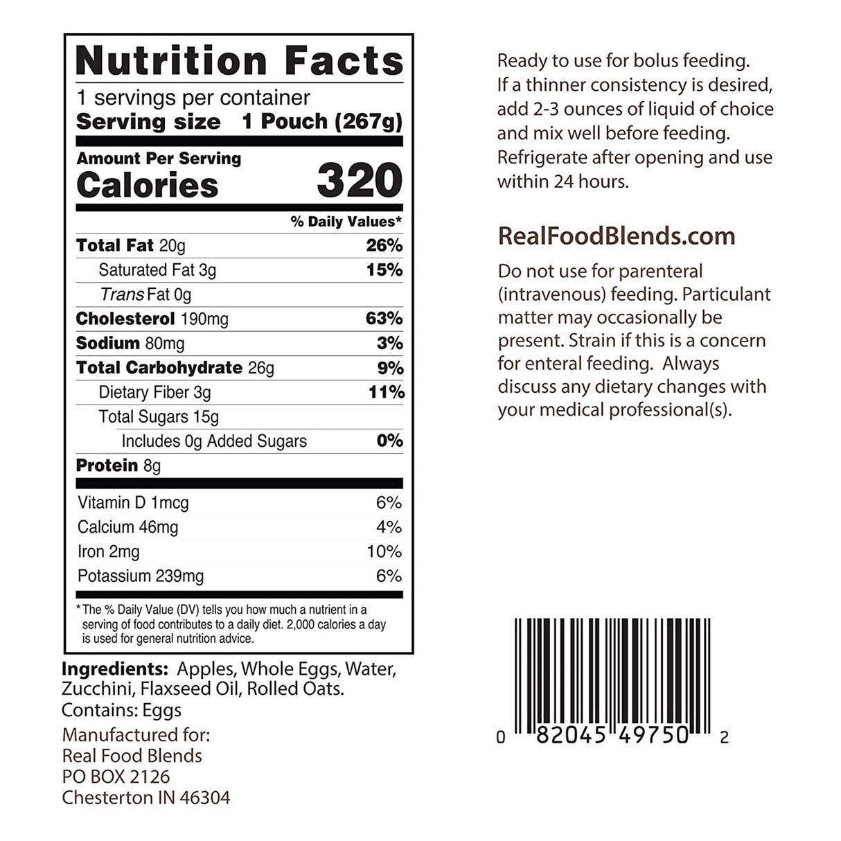 Tube Feeding Formula Real Food Blends® Apples, Whole Eggs, Water, Zucchini, Falxseed Oil, Rolled Oats (Oats are certified gluten-free.) Liquid 9.4 oz. Pouch - BeHope