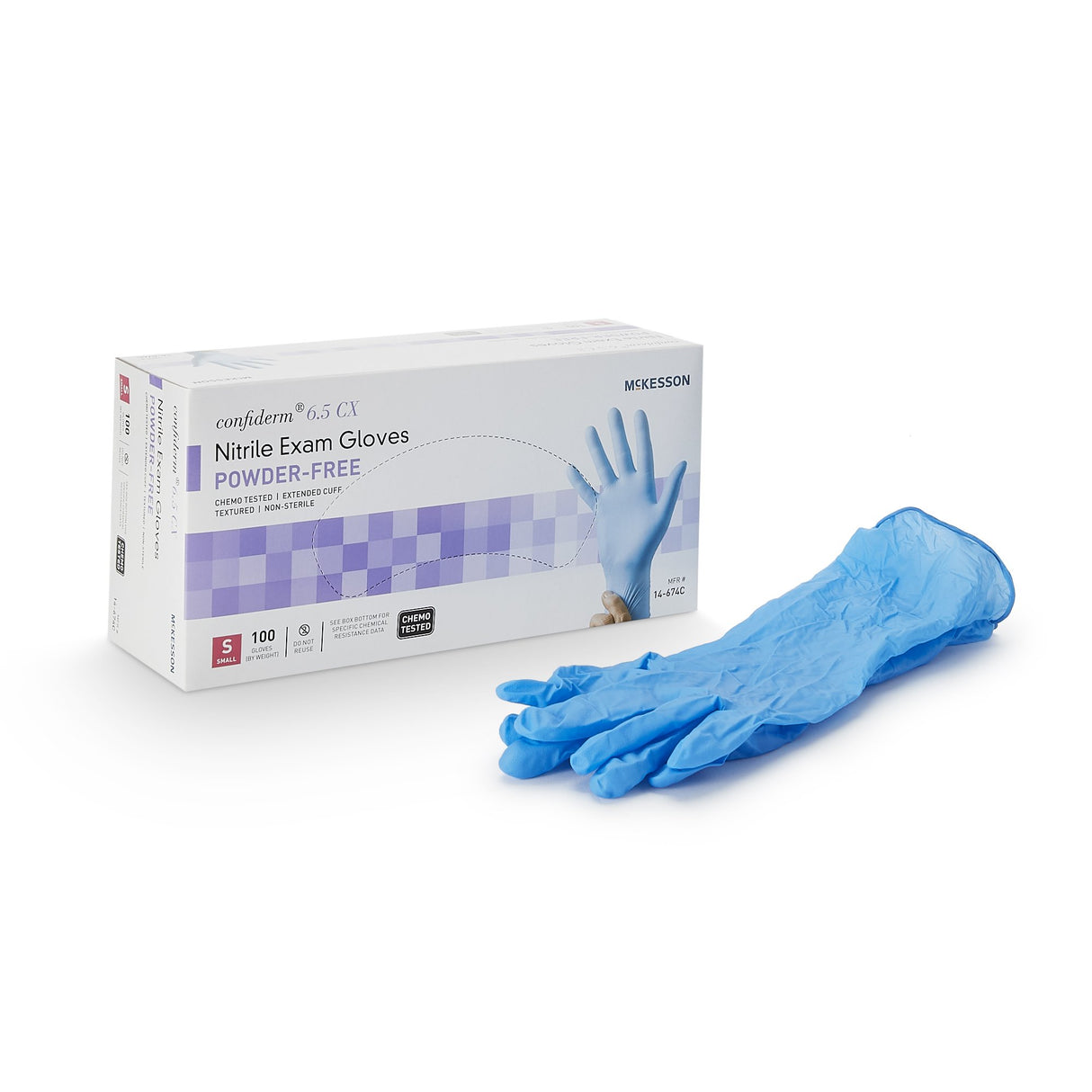Exam Glove McKesson Confiderm® 6.5CX Small NonSterile Nitrile Extended Cuff Length Textured Fingertips Blue Chemo Tested - BeHope