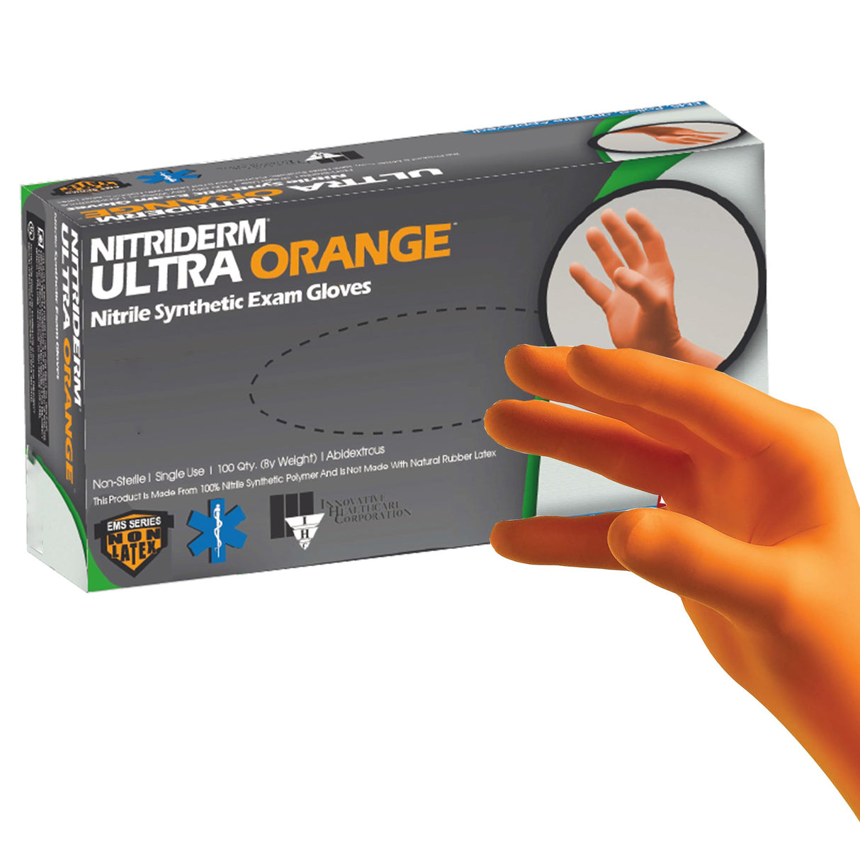 Exam Glove NitriDerm® Ultra Orange™ Large NonSterile Nitrile Standard Cuff Length Fully Textured Orange Chemo Tested / Fentanyl Tested - BeHope