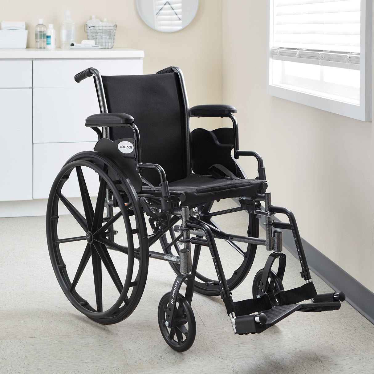 Lightweight Wheelchair McKesson Dual Axle Desk Length Arm Swing-Away Footrest Black Upholstery 16 Inch Seat Width Adult 300 lbs. Weight Capacity - BeHope