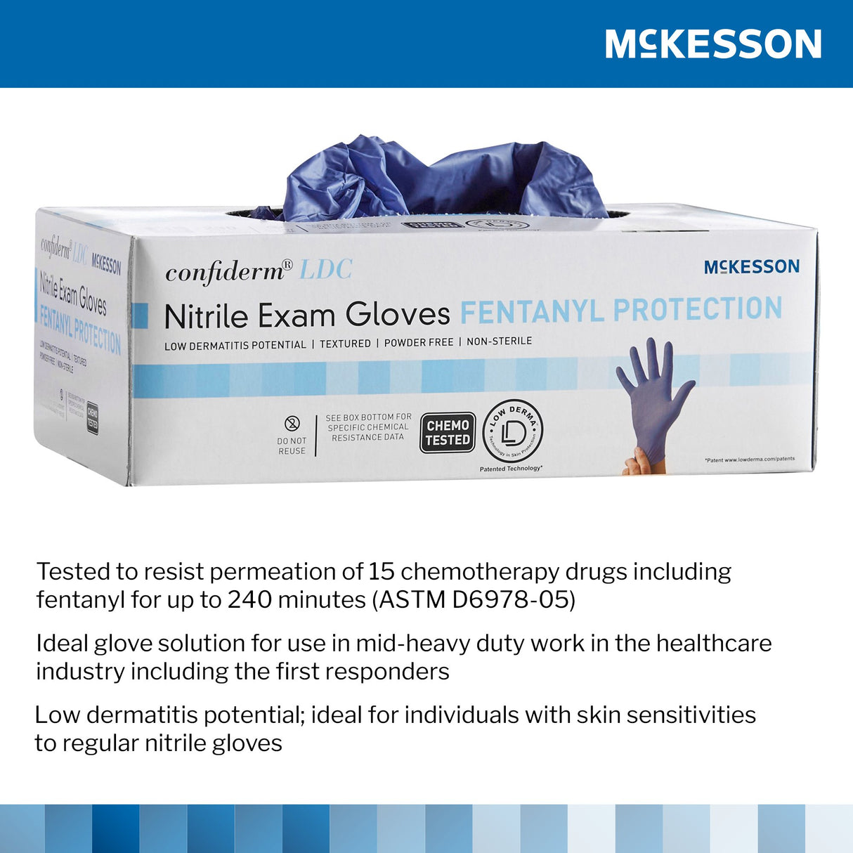 Exam Glove McKesson Confiderm® LDC Large NonSterile Nitrile Standard Cuff Length Fully Textured Blue Chemo Tested / Fentanyl Tested - BeHope