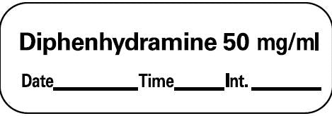 Drug Label PDC® Anesthesia Label Tape Diphenhydramine 50mg/mL Date_Time_Int_ White 1/2 X 1-1/2 Inch - BeHope