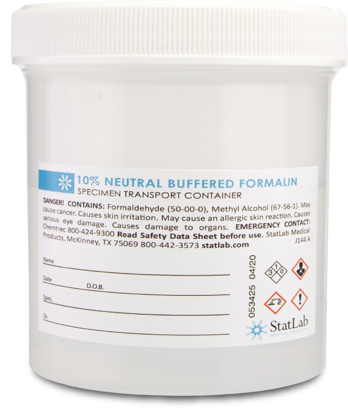 Prefilled Formalin Container 250 mL Fill in 500 mL (16.9 oz.) Screw Cap Warning Label / Patient Information NonSterile - BeHope