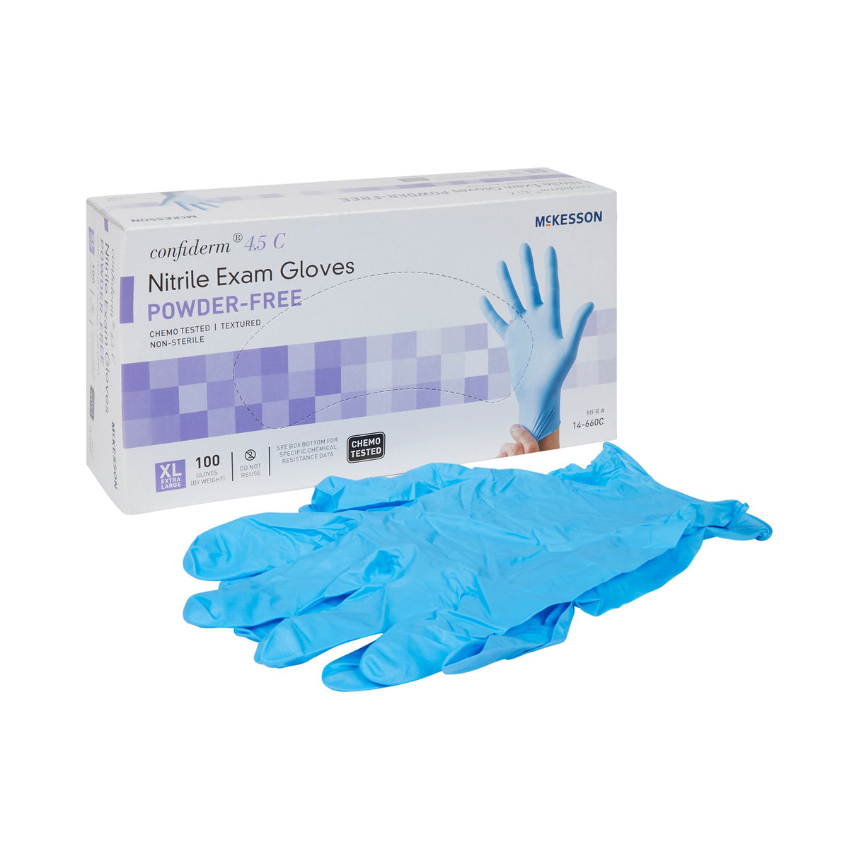 Exam Glove McKesson Confiderm® 4.5C X-Large NonSterile Nitrile Standard Cuff Length Textured Fingertips Blue Chemo Tested - BeHope