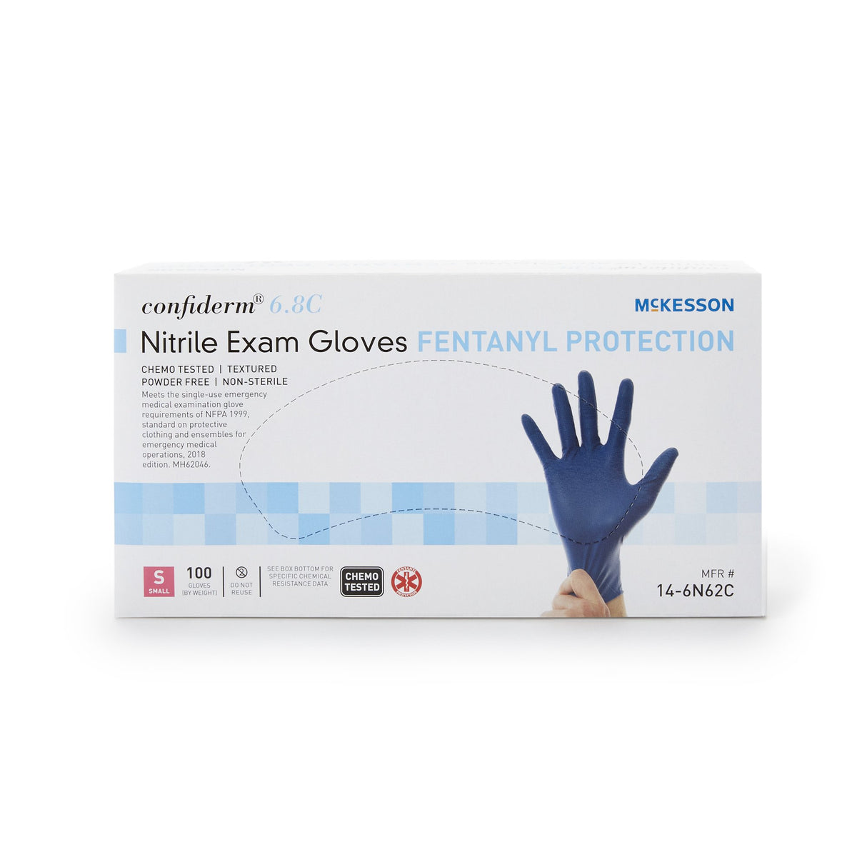 Exam Glove McKesson Confiderm® 6.8C Small NonSterile Nitrile Standard Cuff Length Textured Fingertips Blue Chemo Tested / Fentanyl Tested - BeHope