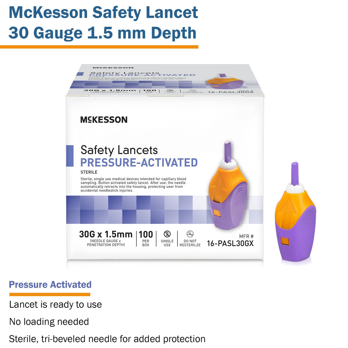 Safety Lancet McKesson 30 Gauge Retractable Pressure Activated Finger - BeHope