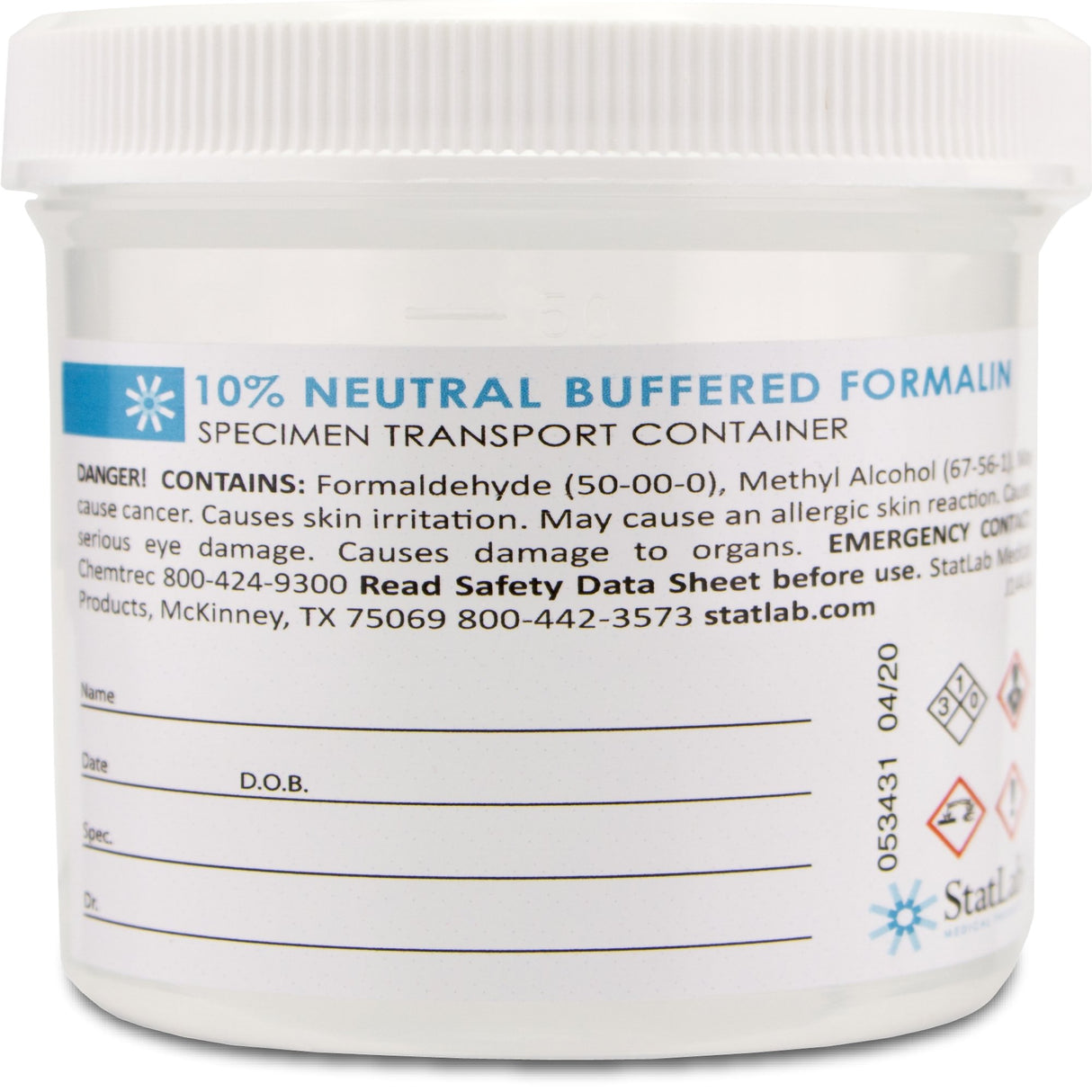 Prefilled Formalin Container 90 mL Fill in 180 mL (6 oz.) Screw Cap Warning Label / Patient Information NonSterile - BeHope