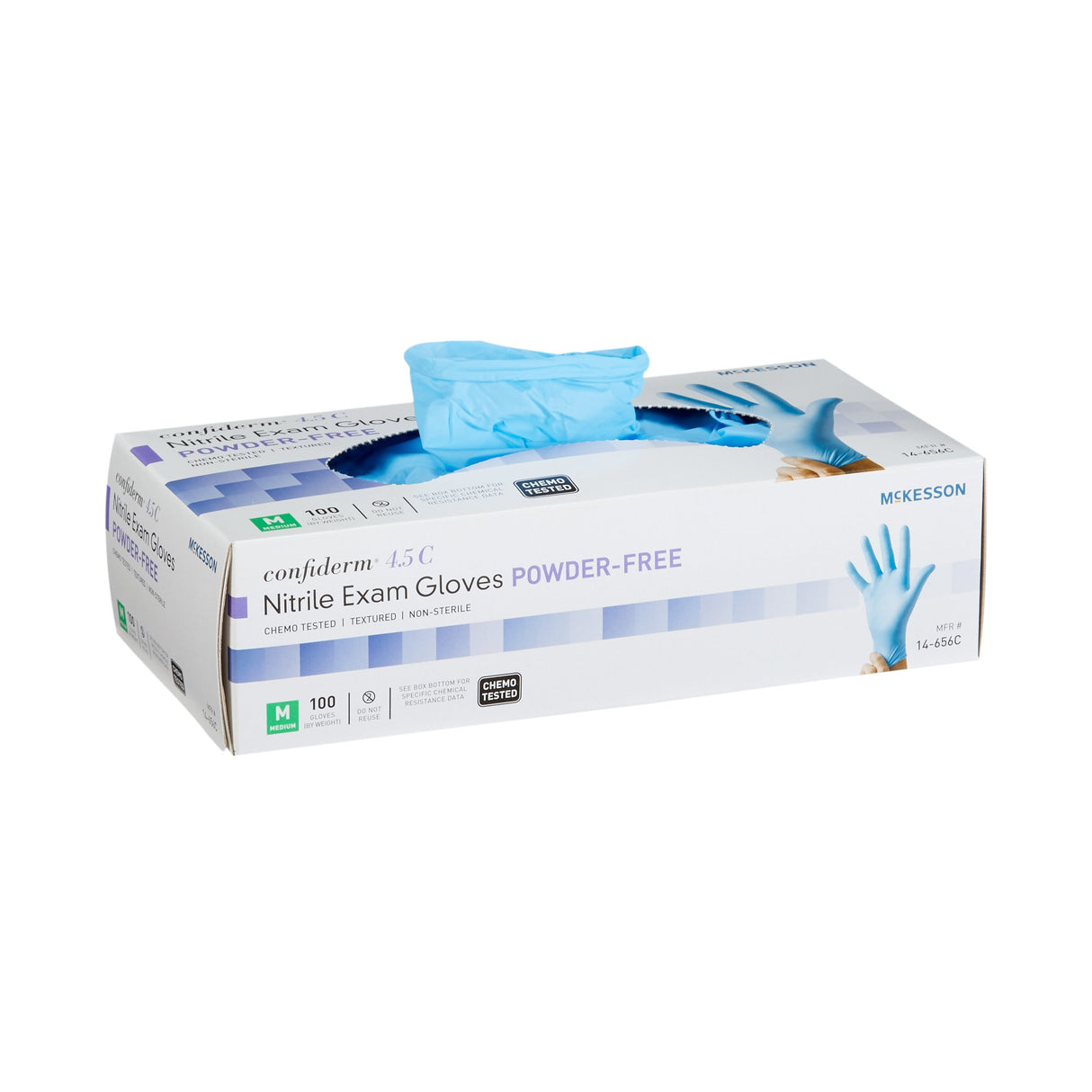 Exam Glove McKesson Confiderm® 4.5C Medium NonSterile Nitrile Standard Cuff Length Textured Fingertips Blue Chemo Tested - BeHope