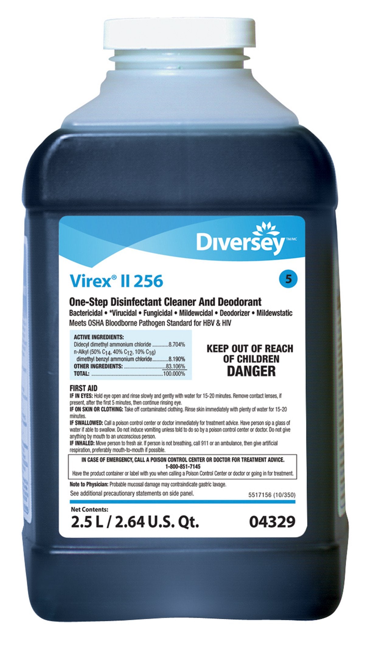 Surface Disinfectant Cleaner Diversey™ Virex® II 256 Quaternary Based J-Fill® Dispensing Systems Liquid Concentrate 2.5 Liter Bottle Mint Scent NonSterile - BeHope