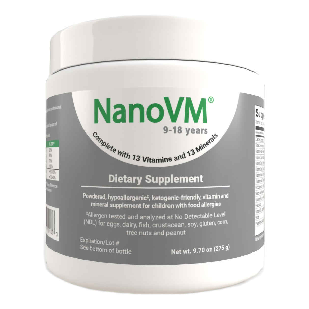Pediatric Oral Supplement NanoVM® 9 - 18 Years Unflavored 275 Gram Jar Powder Vitamins / Minerals Food Allergies - BeHope