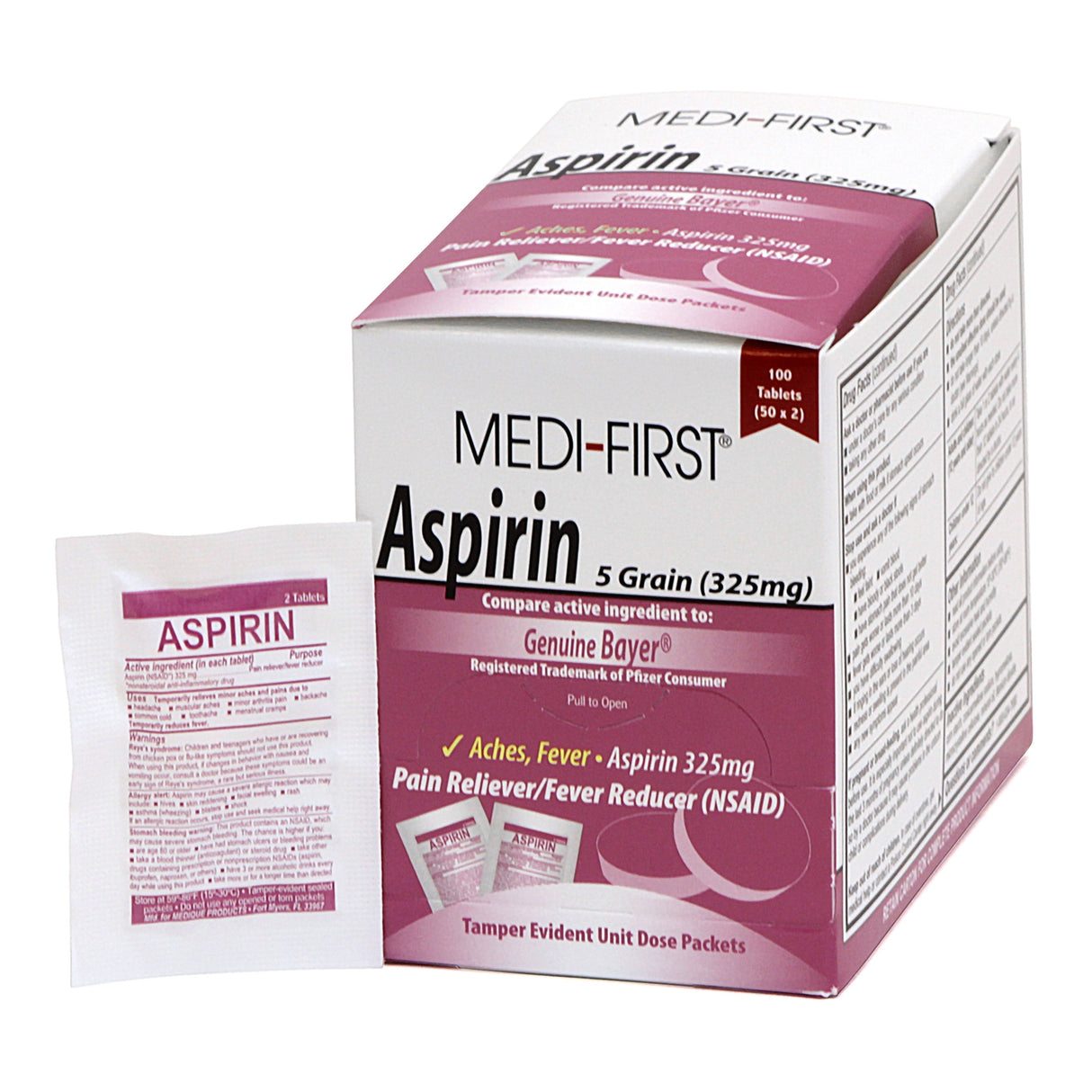 Pain Relief Medi-First® 325 mg Strength Aspirin Unit Dose Tablet 100 per Box - BeHope