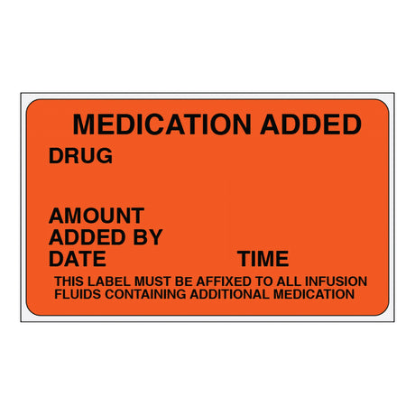 Pre-Printed Label Shamrock Anesthesia Label Fluorescent Red MEDICATION ADDED / DRUG / AMOUNT / ADDED BY / DATE TIME / THIS LABEL MUST BE AFFIXED TO ALL INFUSION / FLUIDS CONTAINING ADDITIONAL MEDICATION Black Medication Instruction 1-1/2 X 2-1/2 Inch - BeHope