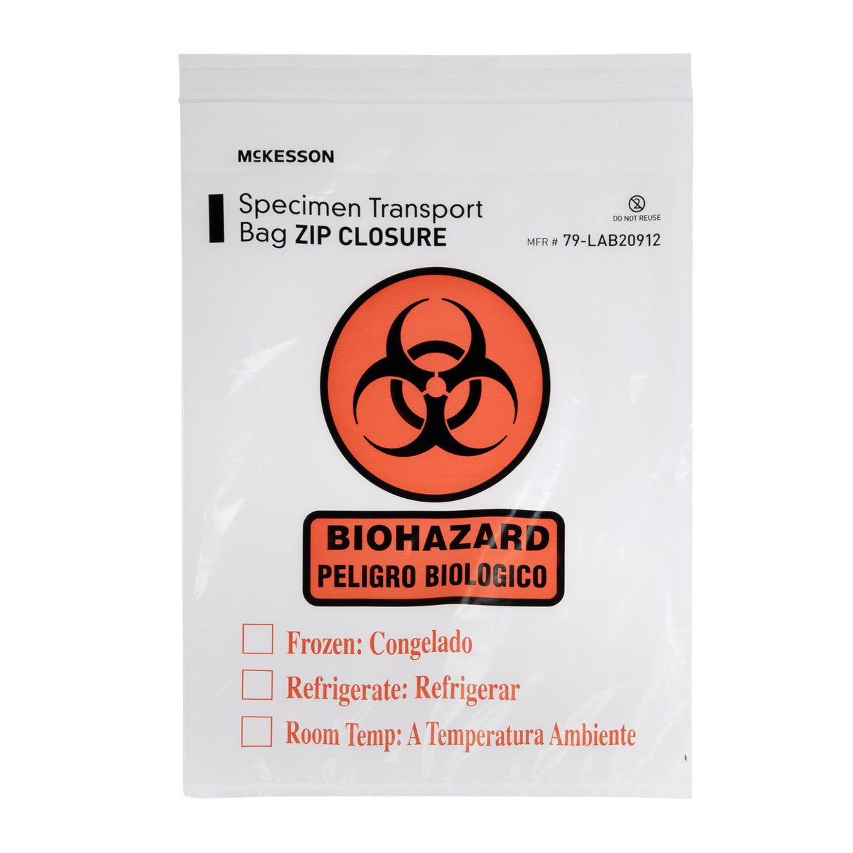Specimen Transport Bag with Document Pouch McKesson 9 X 12 Inch Zip Closure Biohazard Symbol / Storage Instructions NonSterile - BeHope