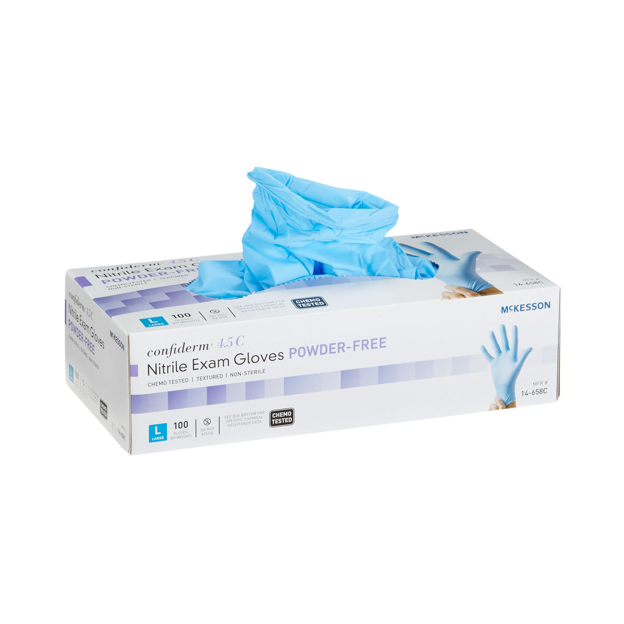 Exam Glove McKesson Confiderm® 4.5C Large NonSterile Nitrile Standard Cuff Length Textured Fingertips Blue Chemo Tested - BeHope