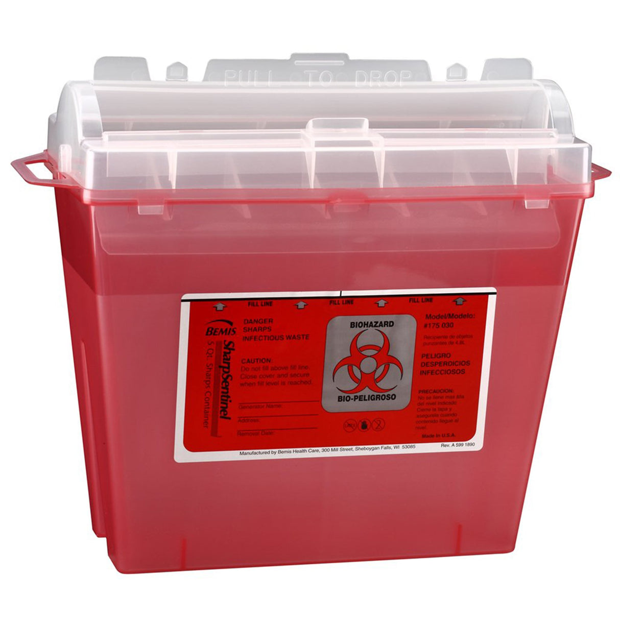 Sharps Container Bemis™ Sentinel Translucent Red Base 10 H X 5-1/4 W X 11 D Inch Horizontal Entry 1.25 Gallon - BeHope