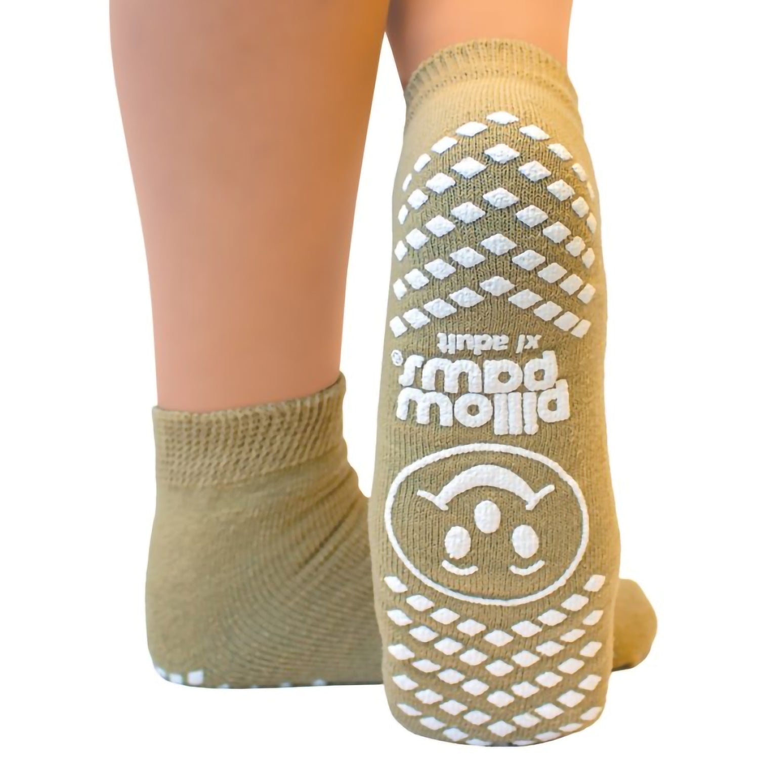 Slipper Socks Pillow Paws® Single Imprint Terries™ Unisex Adult X-Large Single Tread Single Patient Use Tan - BeHope