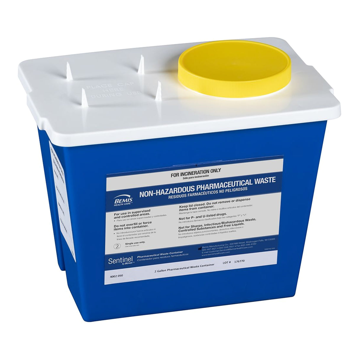 Pharmaceutical Waste Container Bemis™ Sentinel Blue Base 9 H X 11-5/8 L X 7-3/4 W Inch Vertical Entry 2 Gallon - BeHope