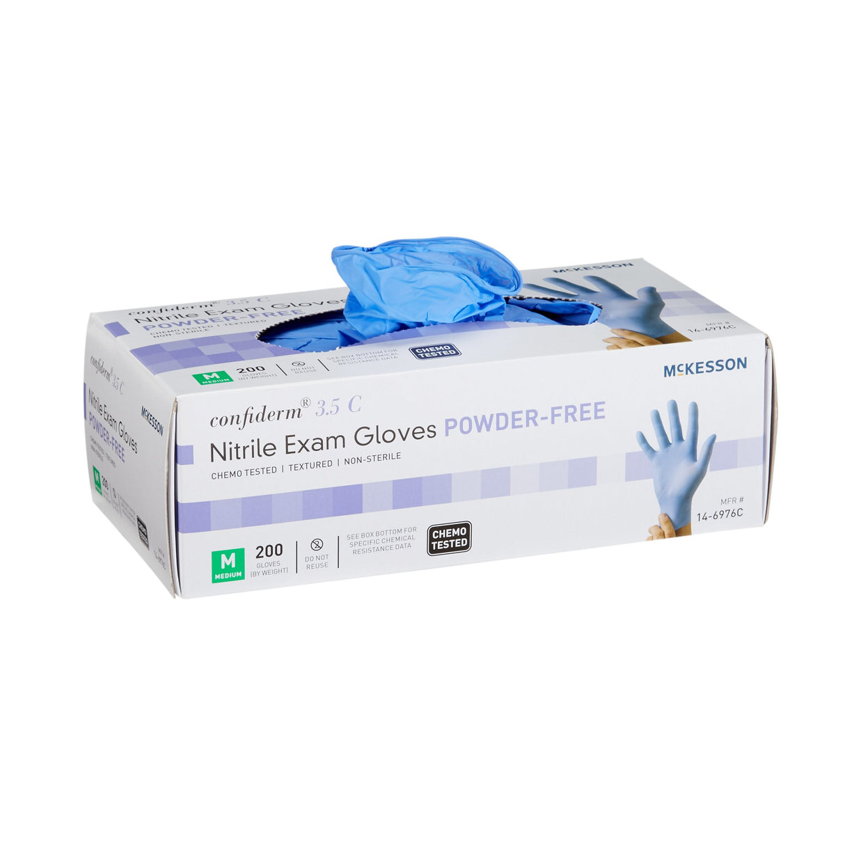 Exam Glove McKesson Confiderm® 3.5C Medium NonSterile Nitrile Standard Cuff Length Textured Fingertips Blue Chemo Tested - BeHope