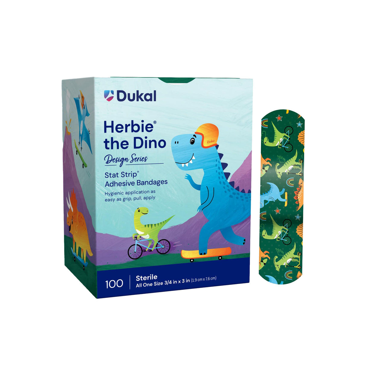 Adhesive Strip Stat Strip® Plastic Kid Design (Herbie the Dinosaur) 3/4 X 3 Inch Sterile - BeHope