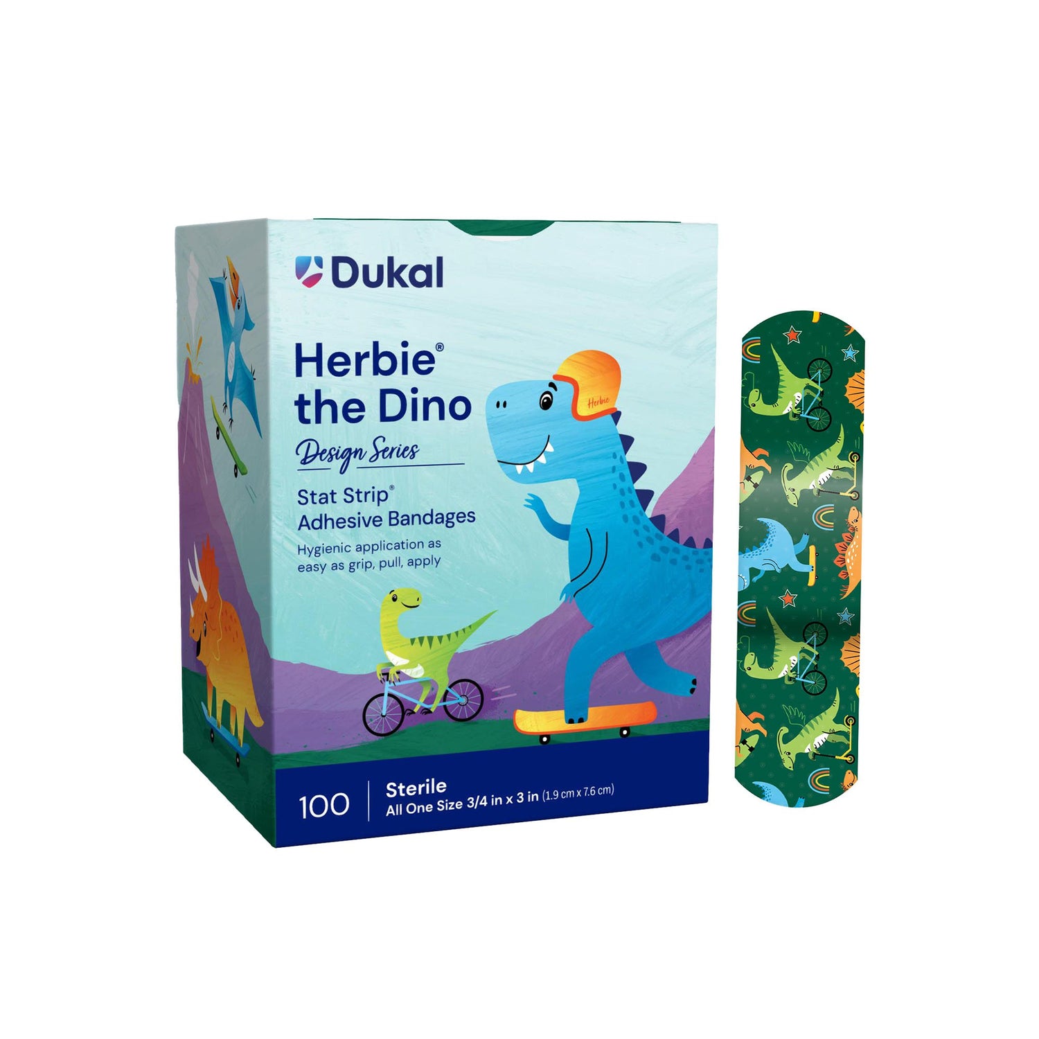 Adhesive Strip Stat Strip® Plastic Kid Design (Herbie the Dinosaur) 3/4 X 3 Inch Sterile - BeHope