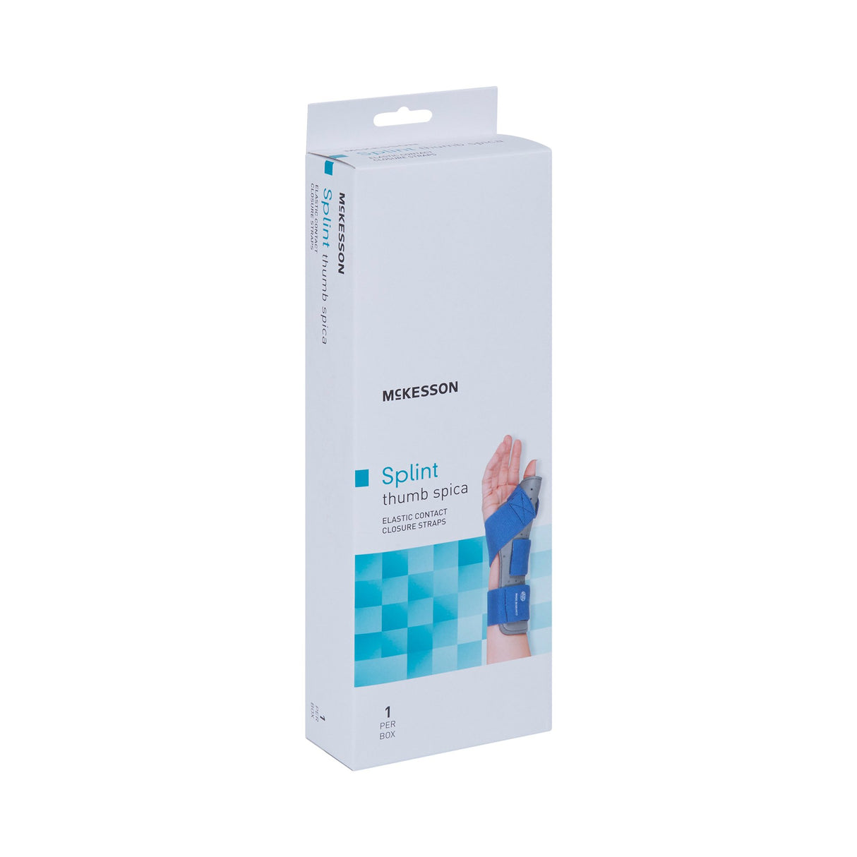 Wrist Brace with Thumb Spica McKesson Thumb Spica Nylon / Cotton-Terry / Foam / Elastic / Spandex Right Hand Blue / Gray Small / Medium - BeHope