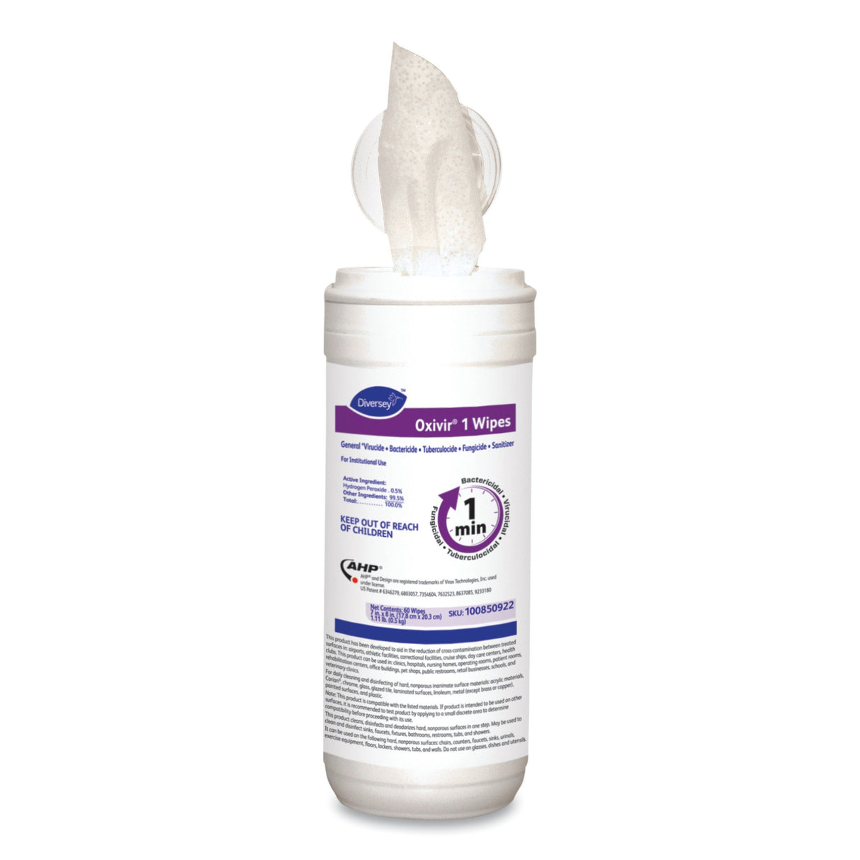 Diversey Oxivir 1 Surface Disinfectant Cleaner Premoistened Hydrogen Peroxide Based Manual Pull Wipe 60 Count Canister Scented NonSterile