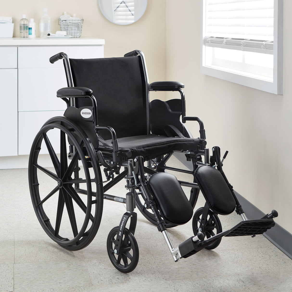 Wheelchair McKesson Dual Axle Desk Length Arm Swing-Away Footrest Black Upholstery 20 Inch Seat Width Adult 350 lbs. Weight Capacity - BeHope