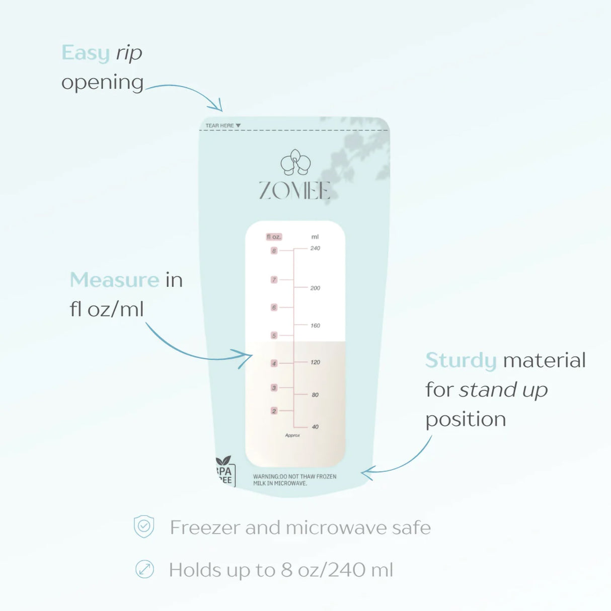 Breast Milk Storage Bag Zomee 8 oz. Food Grade Plastic - BeHope