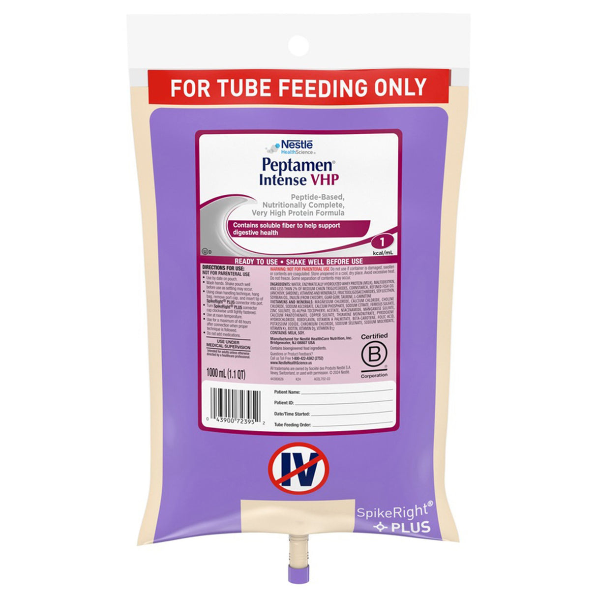 Tube Feeding Formula Peptamen® Intense VHP Unflavored Liquid 1000 mL Ready to Hang Prefilled Container - BeHope