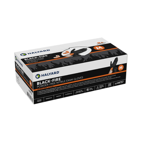 Exam Glove Black-Fire* Medium NonSterile Nitrile Standard Cuff Length Textured Fingertips Black / Orange Fentanyl Tested - BeHope